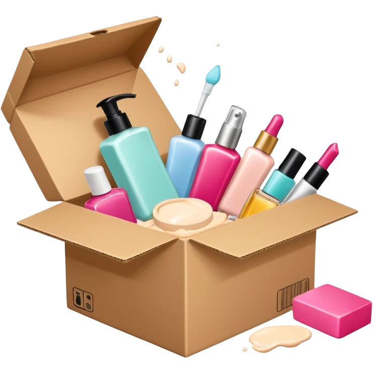 a cardboard box with assorted beauty products like compact, lotion, and nail polish spilling out with a blue background, variation 1 emoji