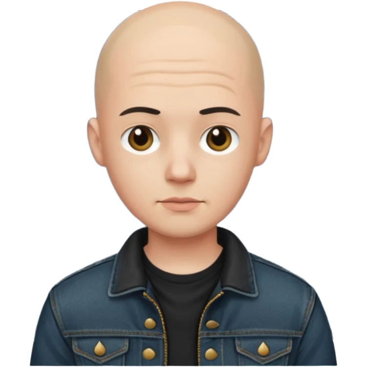  a young man with bald head, black jeans jacket emoji