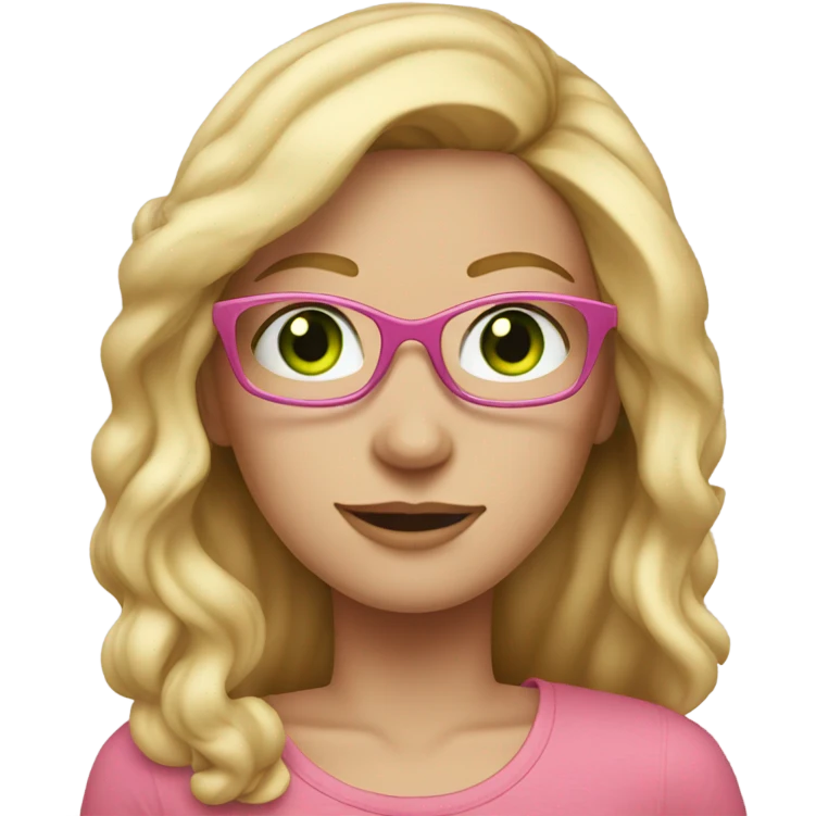 Woman with long blonde hair, freckles, green eyes, glasses, wearing pink top, emoji