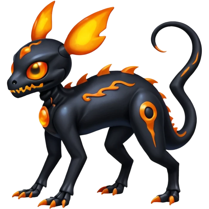 Shiny Spooky Black And Orange Duskull-Salandit-Sylveon-Fakémon-hybrid-creature (full body)  emoji
