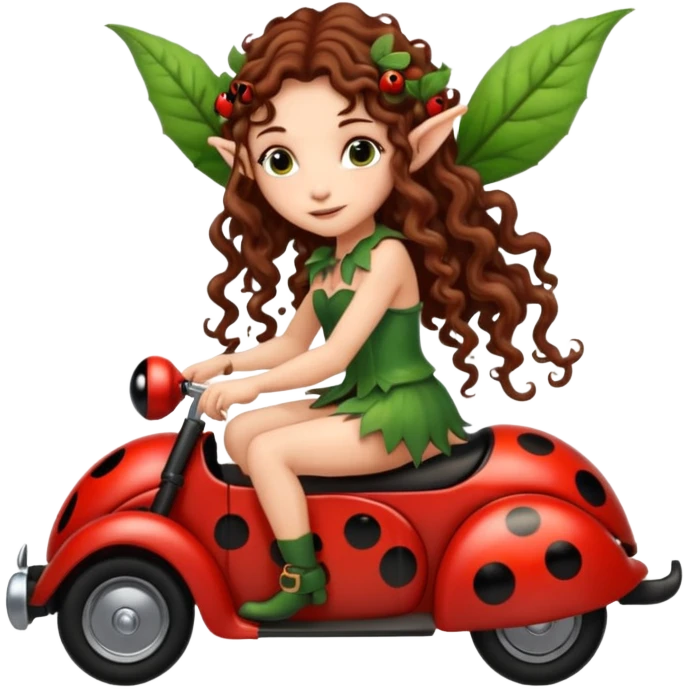 tiny forest elf long curly brown hair tattoos riding ladybug emoji