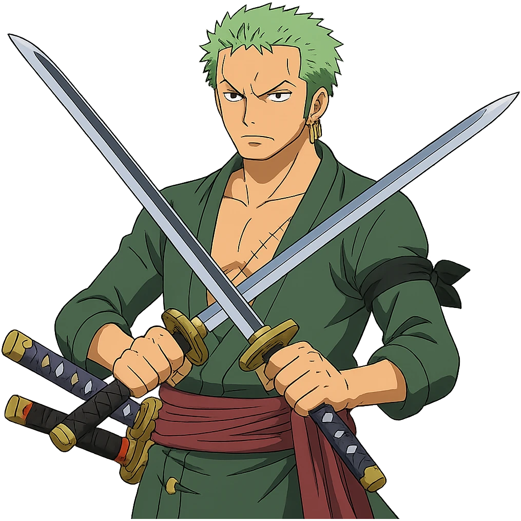 Zoro Roronoa from One Piece, anime style, holding swords, green hair, serious face emoji