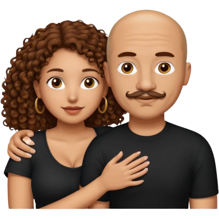 A mixed girl, the girl is wearing a black shirt, the girl has brown curly hair  and the girl has big boobs. A Mexican man is embracing her, with bald hair and a short boxed mustache  emoji