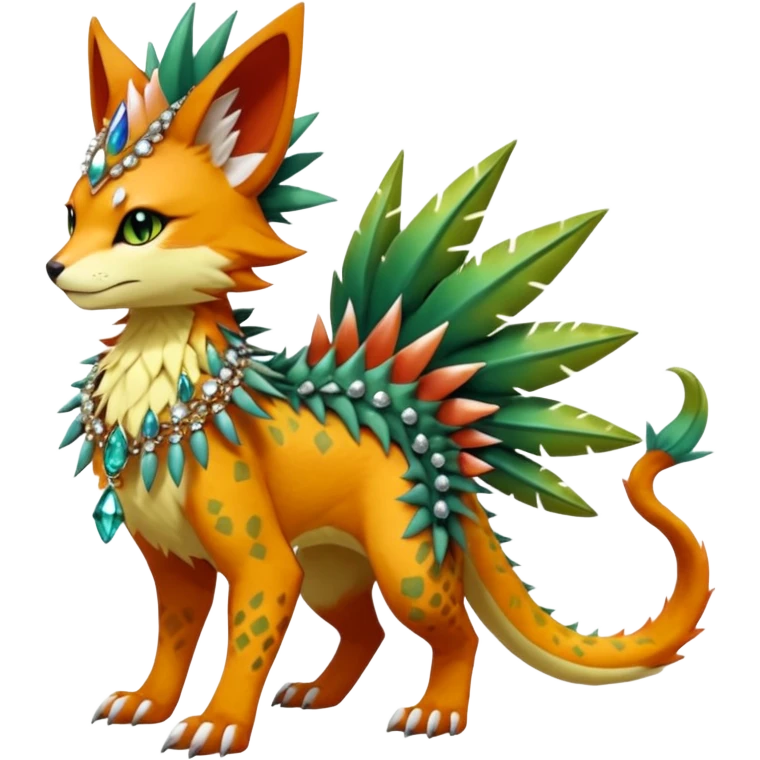 Kawaii cute reddish orangish yellowish greenish exotic tropical beautiful pretty elegant divine edgy feline-vernid-sergal-Fakémon-Pokémon-fursona-animal-creature with accessories, jewelries, full body, with intricate detailed markings, spikes, crystals, fins, scales, spiny, feathered, headdress emoji