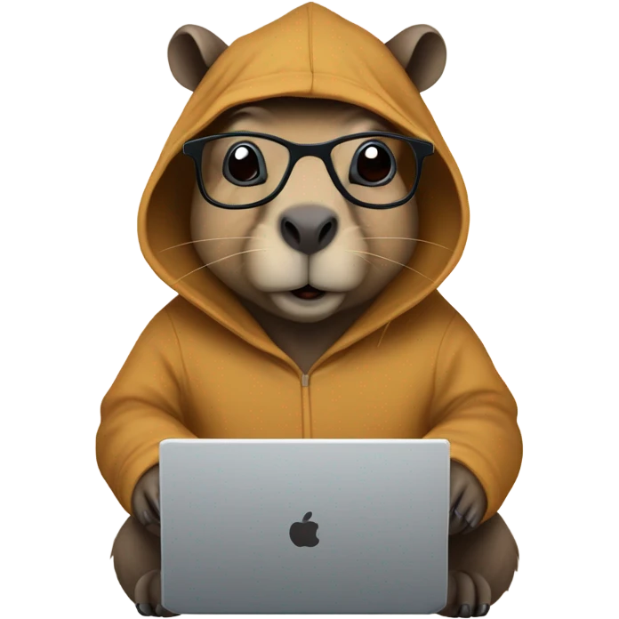 Nerdy cute capybara with its distinct large dark snout, big eyes, with glasses wearing a hoodie and coding on a laptop  emoji