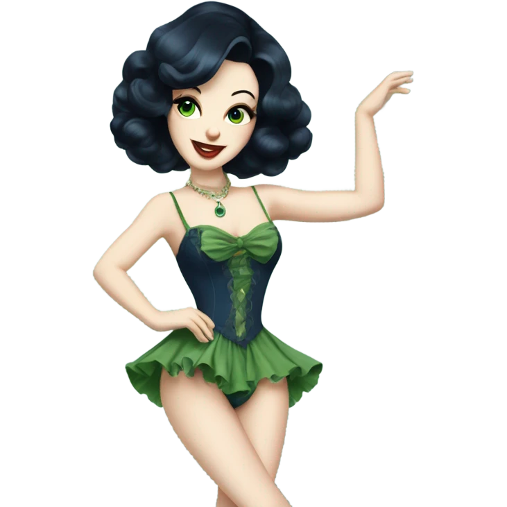 Burlesque dancer with black hair, pale skin, and green eyes in a dark blue vintage costume dancing emoji