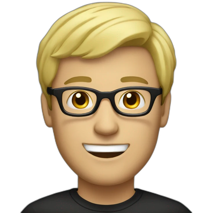 adult man with blond hair with black glasses, small smile, with the body emoji