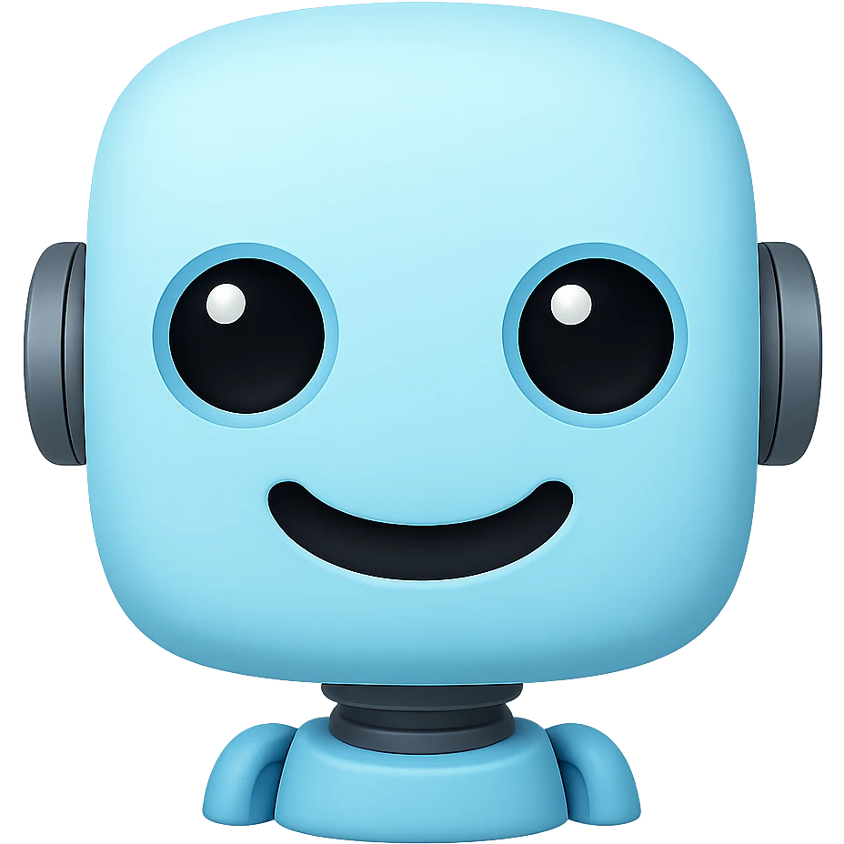 Create a transparent PNG of a cute light blue (#b0f2f8) robot with a round head, big eyes, and a smiling expression in the style of an Apple emoji. Remove the background and keep the robot's light blue color and cute features. emoji