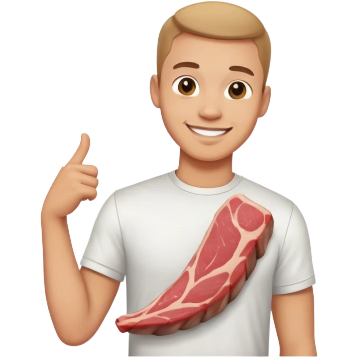 Smiling guy in t-shirt with a long smooth piece of meat on his right shoulder emoji
