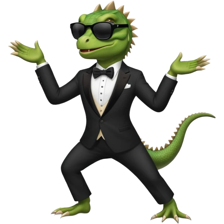 capitalist iguana banker in tuxedo and black sunglasses dancing crazy emoji