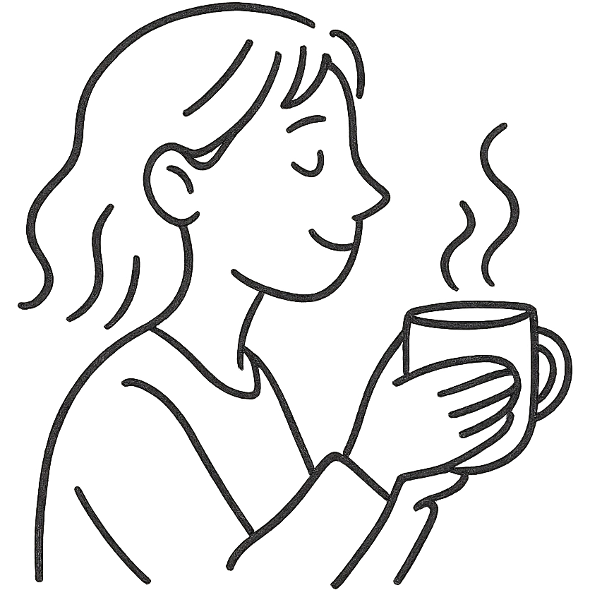 simple black and white pen sketch emoji of a woman in profile with a soft smile, holding a steaming mug in both hands, casual, hand-drawn, minimal, cozy, leisurely feeling, expressive face emoji
