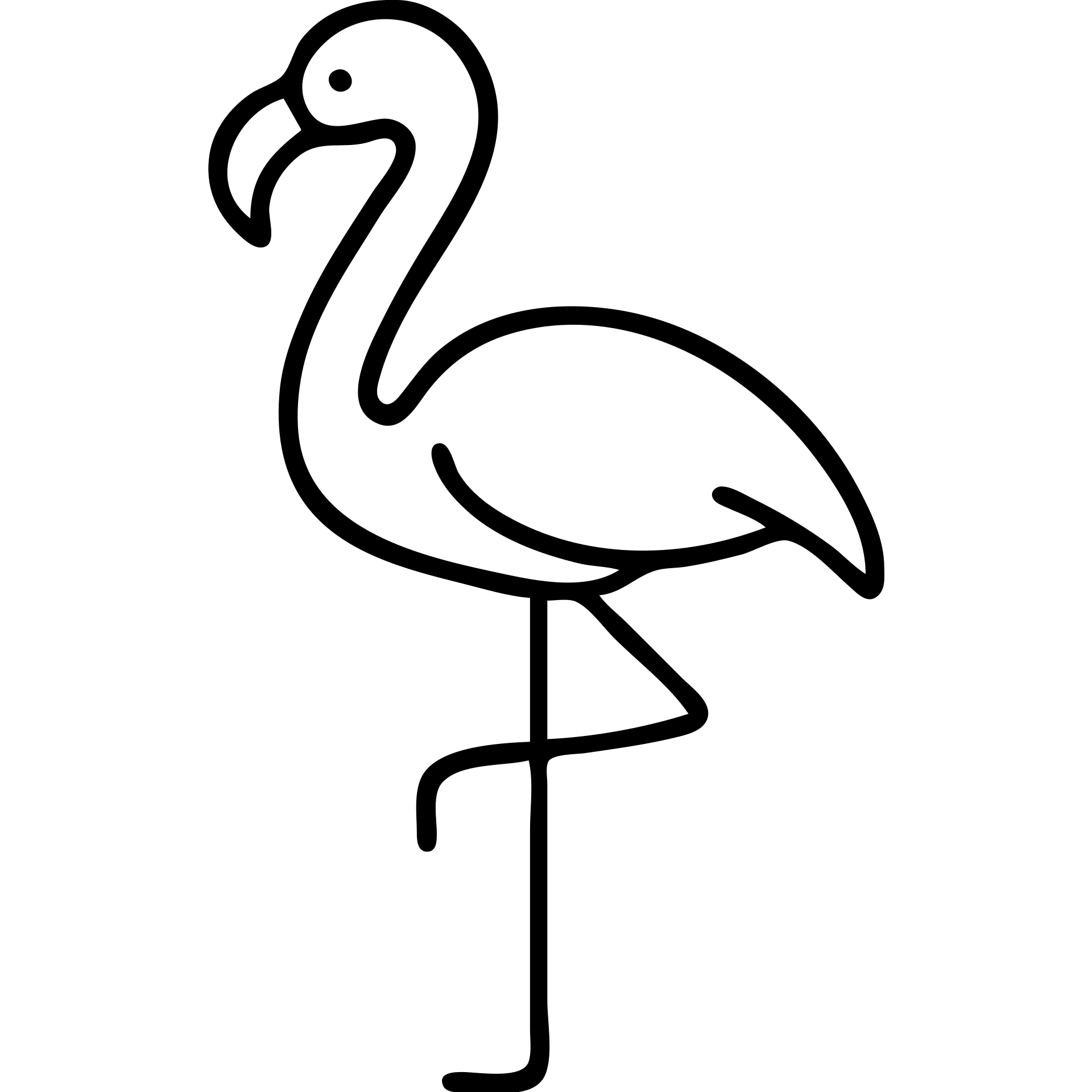 A flamingo with a long slender neck, standing on one thin leg with the other leg tucked up. The bird has a characteristic curved beak and elegant posture. emoji