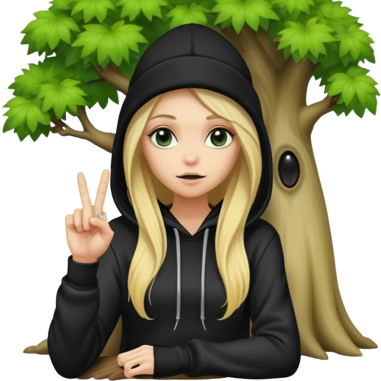 long hair blonde sitting by a tree with her middle finger up. I want her wearing a black beanie and an alien hoodie emoji