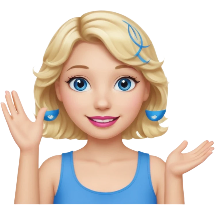 Girl Blonde short wavy hair,  blue eyes, cute blue top, long lashes, pink lips, smiling, one hand in the air emoji