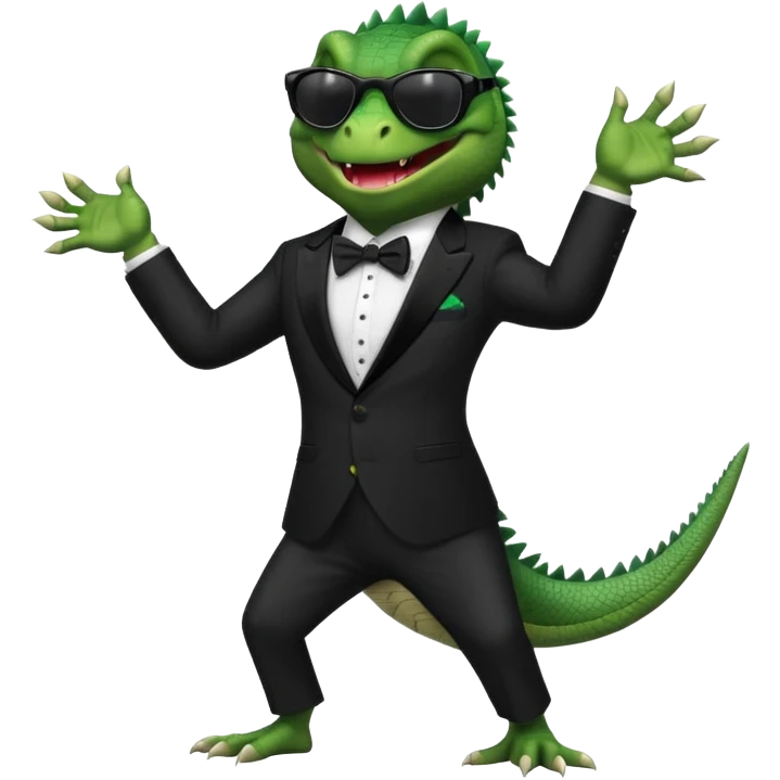 capitalist iguana banker in tuxedo and black sunglasses dancing crazy emoji