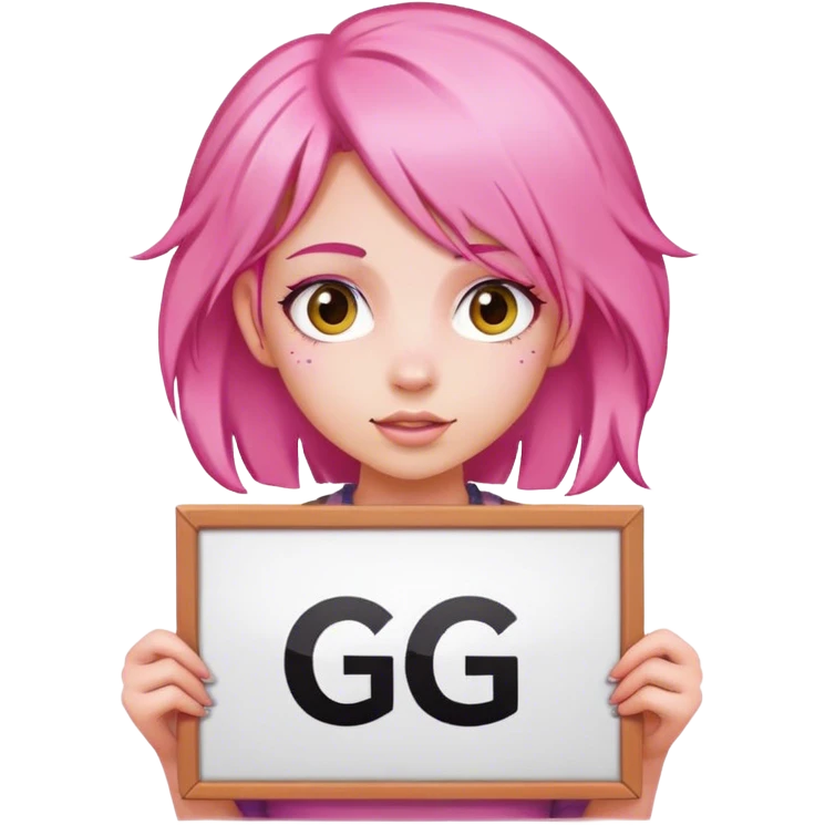 girl with pink hair, big sign, sign says "GG" emoji