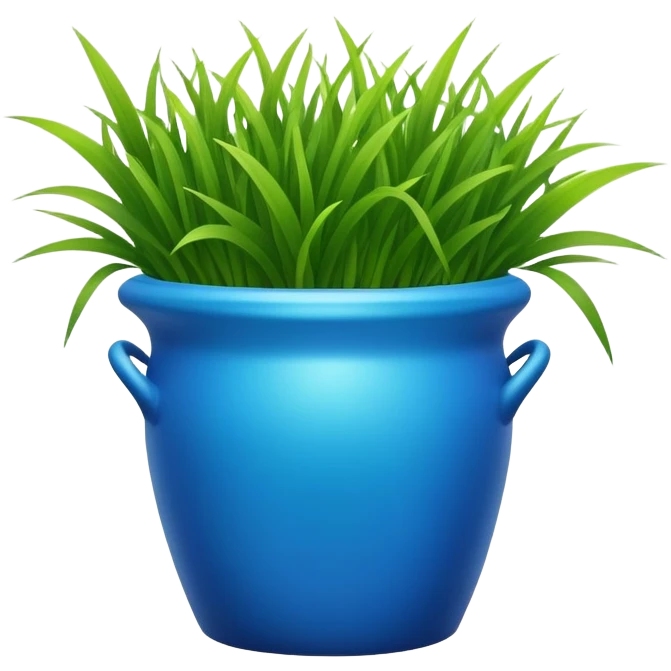 a small blue cachepot with grass leaves gathered in a pile. emoji
