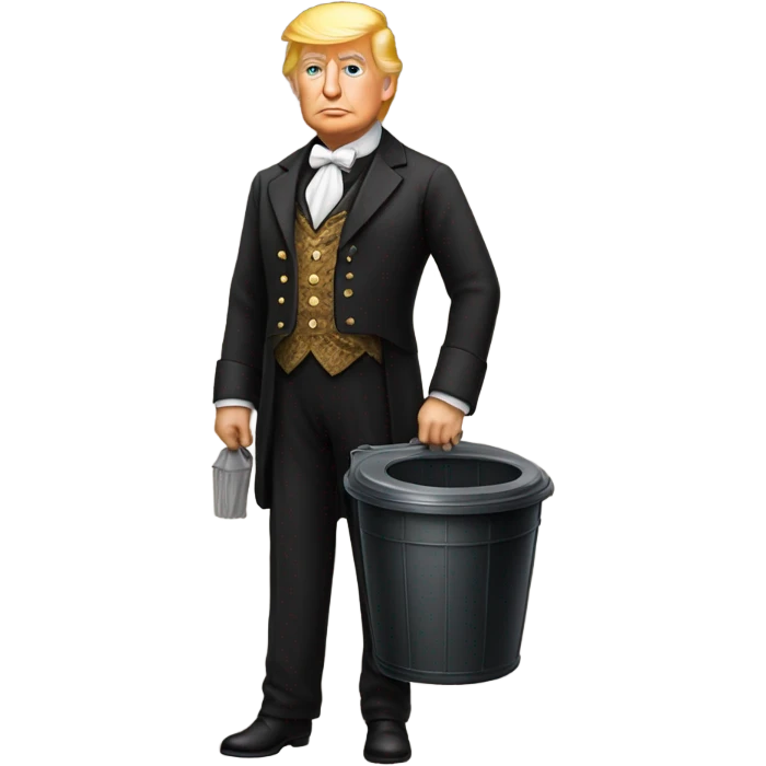 trump in Victorian dress elegant, full body, holding a trash bidon emoji