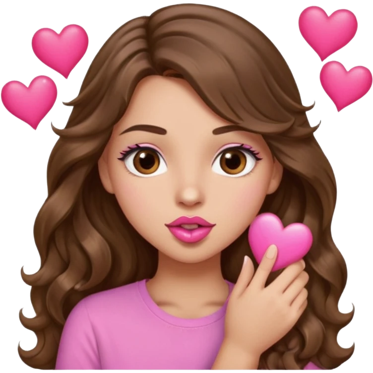 girl with long wavy brown hair, brown eyes, light to medium complexion, in a pink shirt, pink lips, long lashes, puckering up for a kiss, kiss lips and hearts in hand emoji