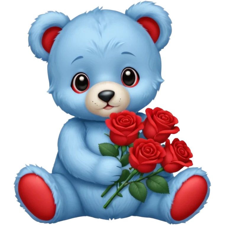 cute blue baby teddy bear holding roses  emoji