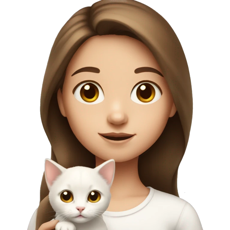 Little girl with brown hair holding a white kitten emoji