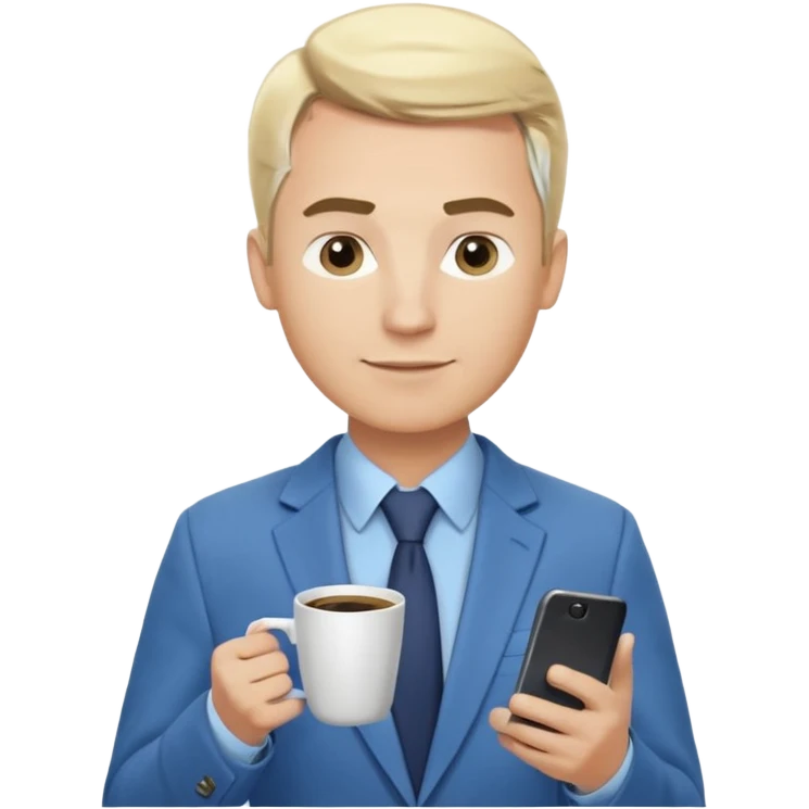 Confident male entrepreneur, Caucasian features, blonde hair, defined eyebrows, slight smile, wearing blue blazer over light blue shirt, holding a smartphone in one hand and a coffee cup in the other, waist-up, front-facing emoji