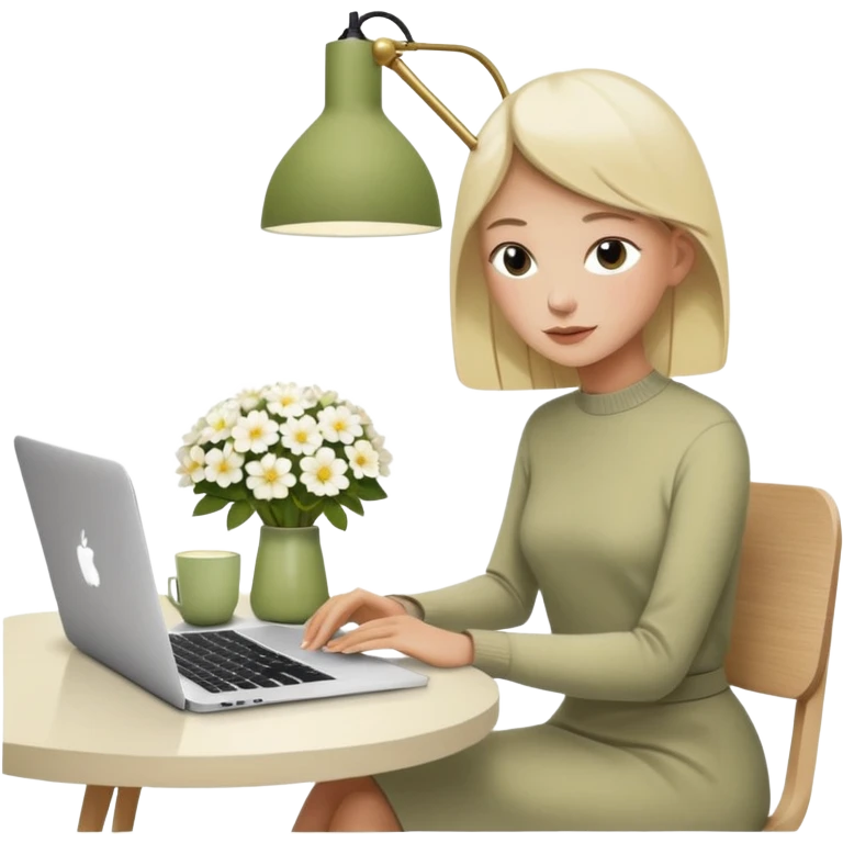 realistic macbook computer, fashion/interior magazines, flowers in a little vase, louis poulsen portable lamp with a dimmed cozy light and a iced matcha. very scandinavian aesthetic emoji