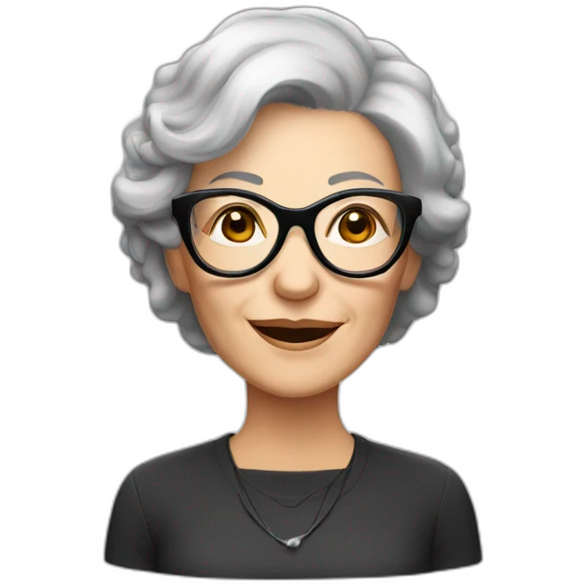 Older white woman with black and grey hair and black round glasses emoji