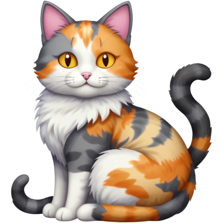 full body large dark grey and white cat cuddling a colourful light patched calico + white tabby cat  emoji