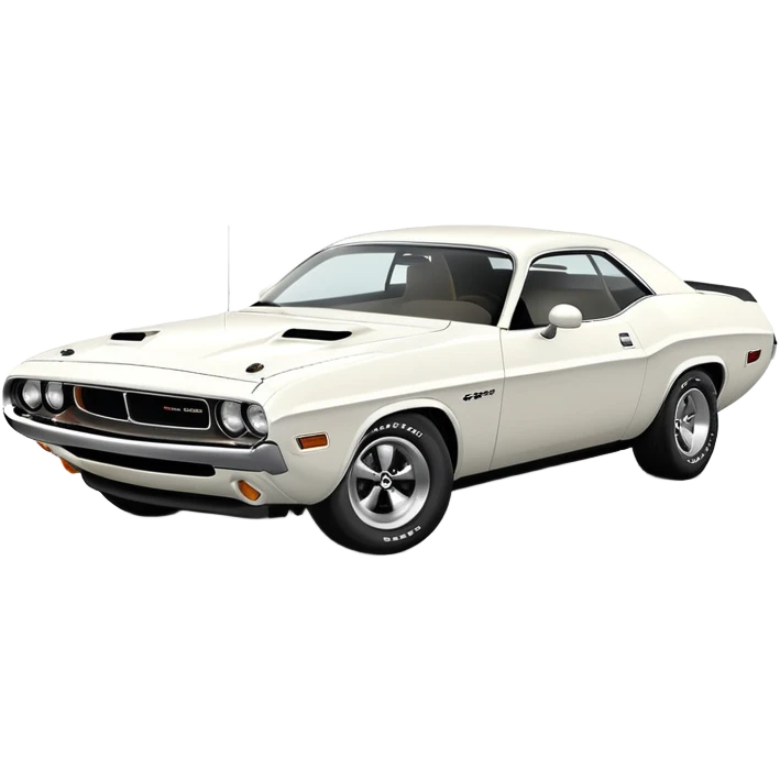 White 1971 Dodge Challenger at 30-degree three-quarter view, detailed front headlights and grille visible, sleek all-white exterior, simplified iOS emoji style emoji