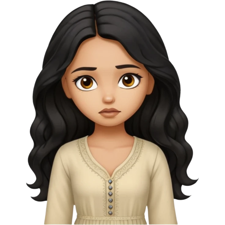 a pretty tan bratz girl with long wavy black hair, wearing a light kurti. looking sad emoji