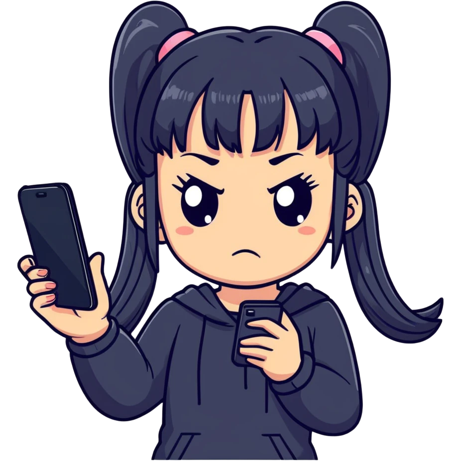 sticker-style illustration of cute girl with two long ponytails, straight bangs, dark outfit, exaggerated angry face with furrowed brows and puffed cheeks, gripping smartphone, floating phone screen with two happy characters, making her jealous, minimal, bold, expressive, pink background emoji