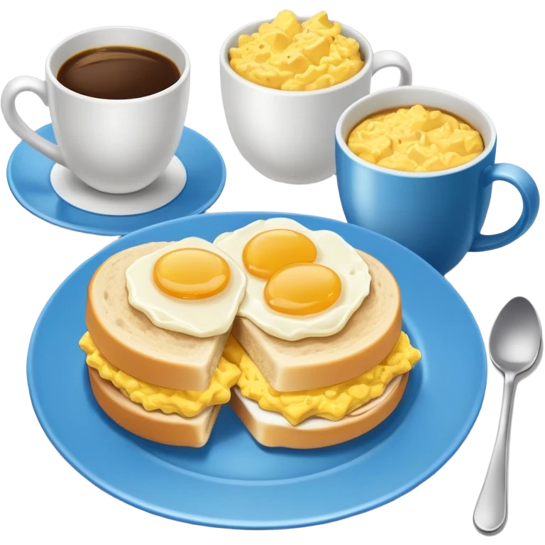 a blue plate with breakfast sandwiches and scrambled eggs and a cup of white coffee emoji