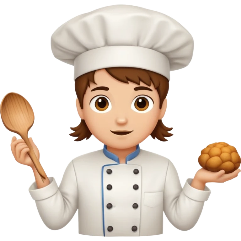 Chef cuisinière marron aux cheveux bruns moyens et bouclés, avec une toque, une auréole d'ange et des cornes  emoji