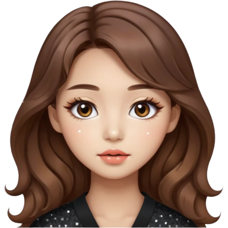 “korean brown hair Emoji girl, soft eyeliner, gradient lips, light brown shimmer eyeshadow, sparkly aegyo-sal, long wavy hair,  emoji