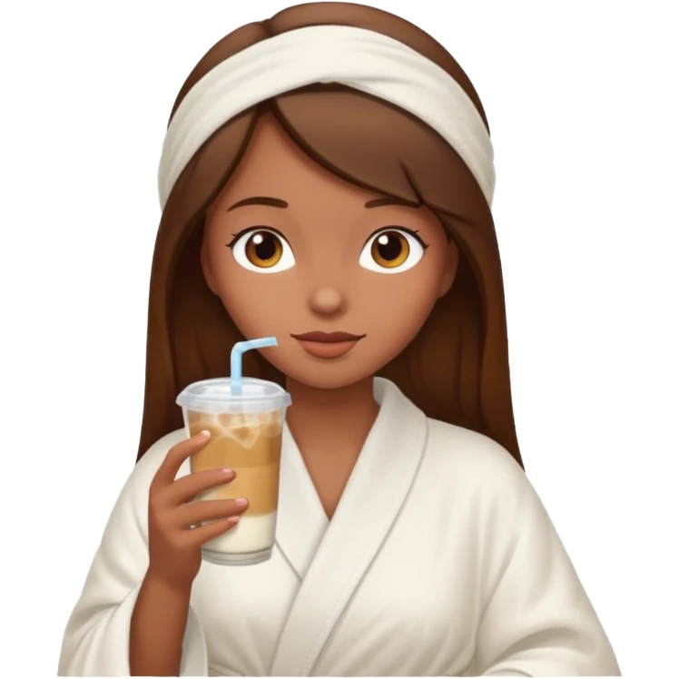 Side profile of a girl with brown hair in a robe and towel sipping iced coffee emoji