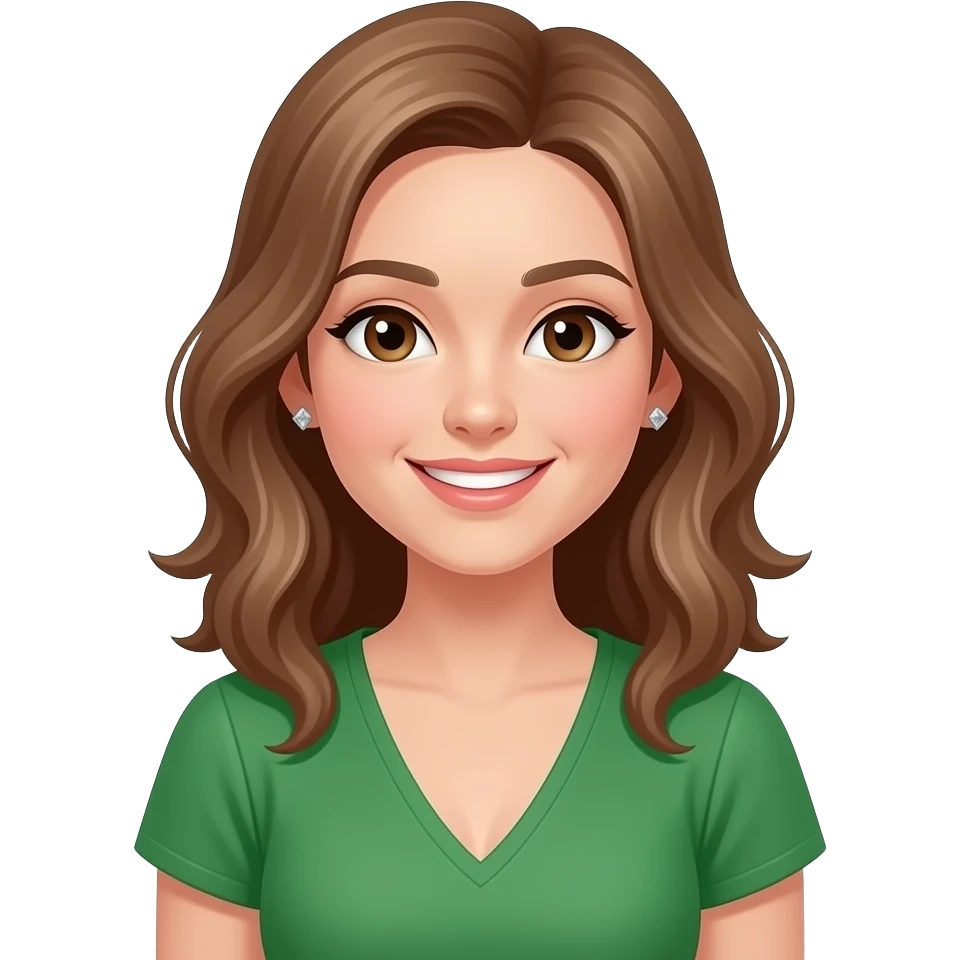 girl like https://www.emojis.com/emoji/emoji-VD96a8gMUDC but with light brown hair, brown eyes, small diamond earrings, v neck dress in green, smile emoji