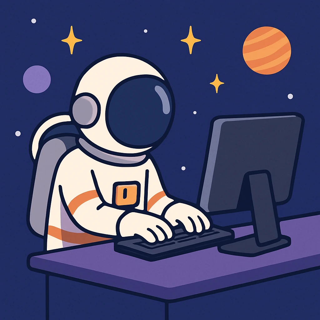 flat toon style astronaut typing on a computer, space setting emoji