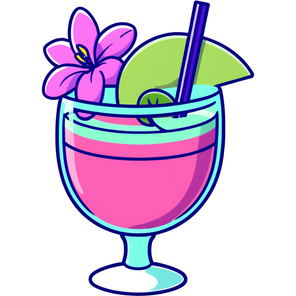 Pink margarita in short cup with a strawberry on top and a purple orchid as garnish emoji
