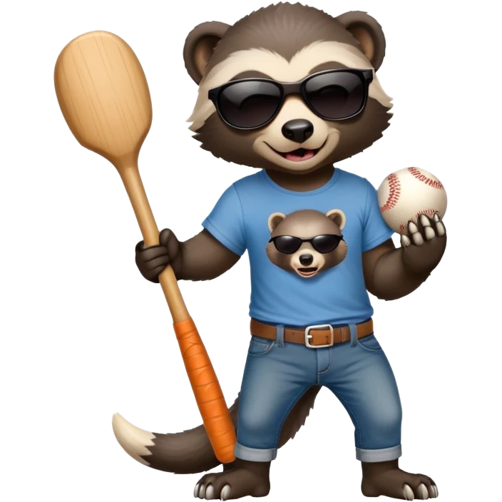 mischievous anthropomorphised honey badger in jeans and a t-shirt, wearing sunglasses, holding a baseball bat emoji