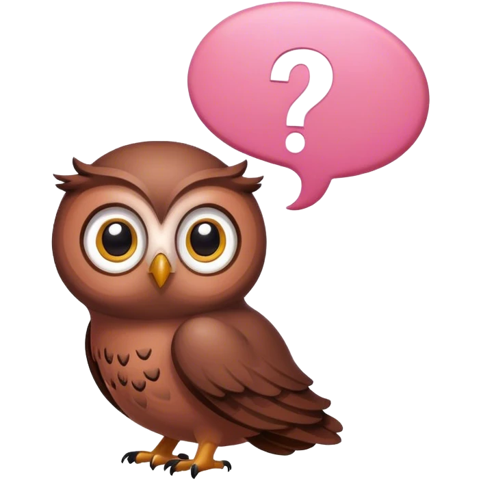 Tiny all brown owl looking up at a pink question mark inside a thought bubble emoji