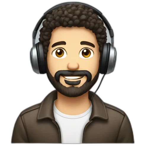 A guy with dark brown beard short curly hair left lock of hair headphone emoji