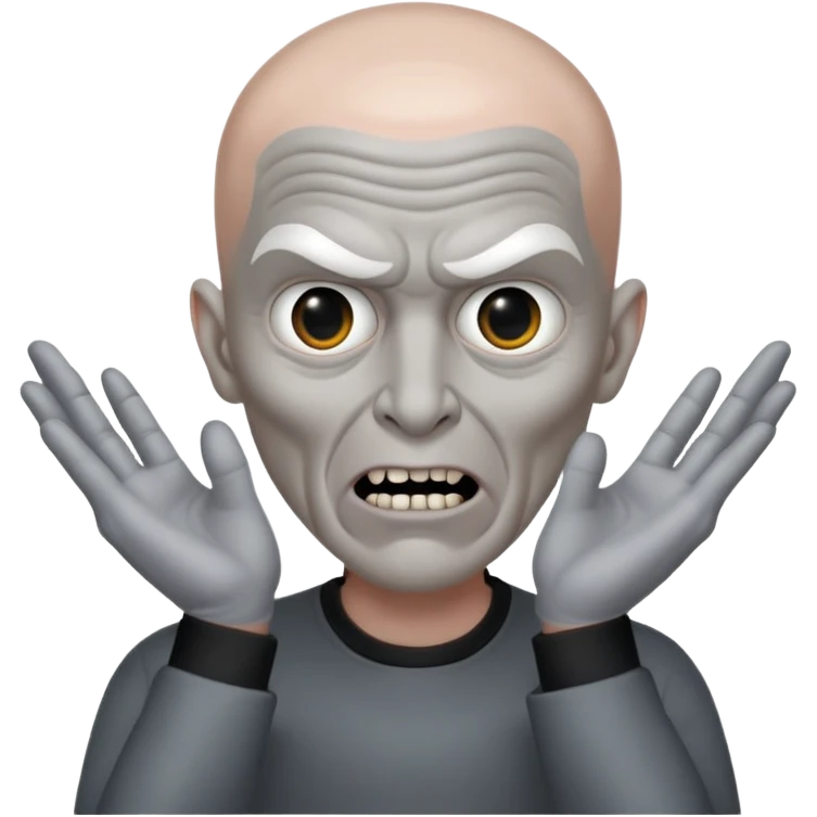Rick Astley with bald grey head possessed by a demon because there is fingers in front of his face and he has no pupils and his body and clothes are gray too and he only has 2 teeth and that is his middle lower teeth and the background is pitch black emoji