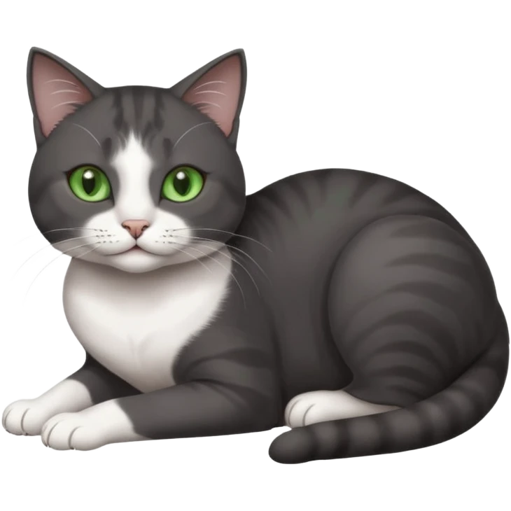 beautiful female solid dark grey cat with green eyes, white toes/paws and white patch on her chest rolling over emoji