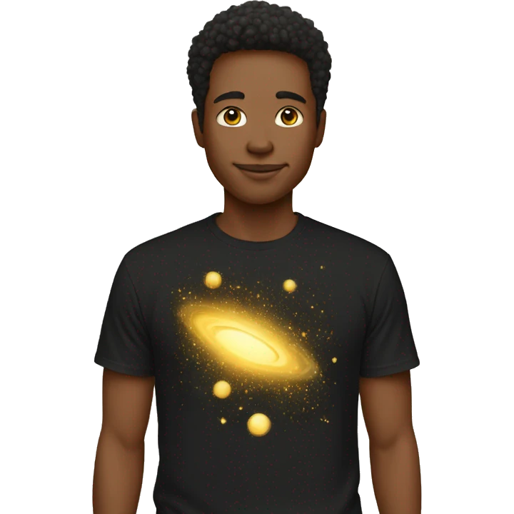 Person wearing t shirt filled with golden galaxies emoji