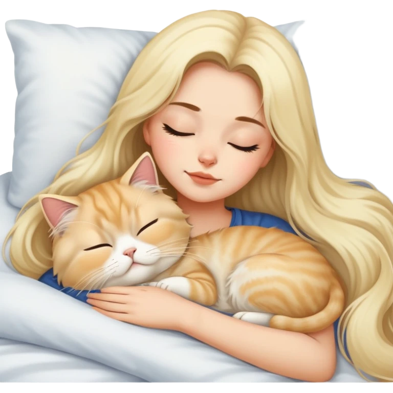 pretty girl with dark long hair sleeping with blonde fluffy  persian cat in bed emoji
