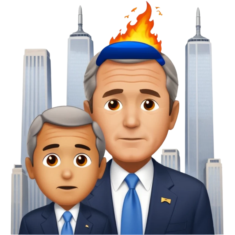 animated emoji of twin towers with a plane crashed into it and george bush on a phone in front of it emoji