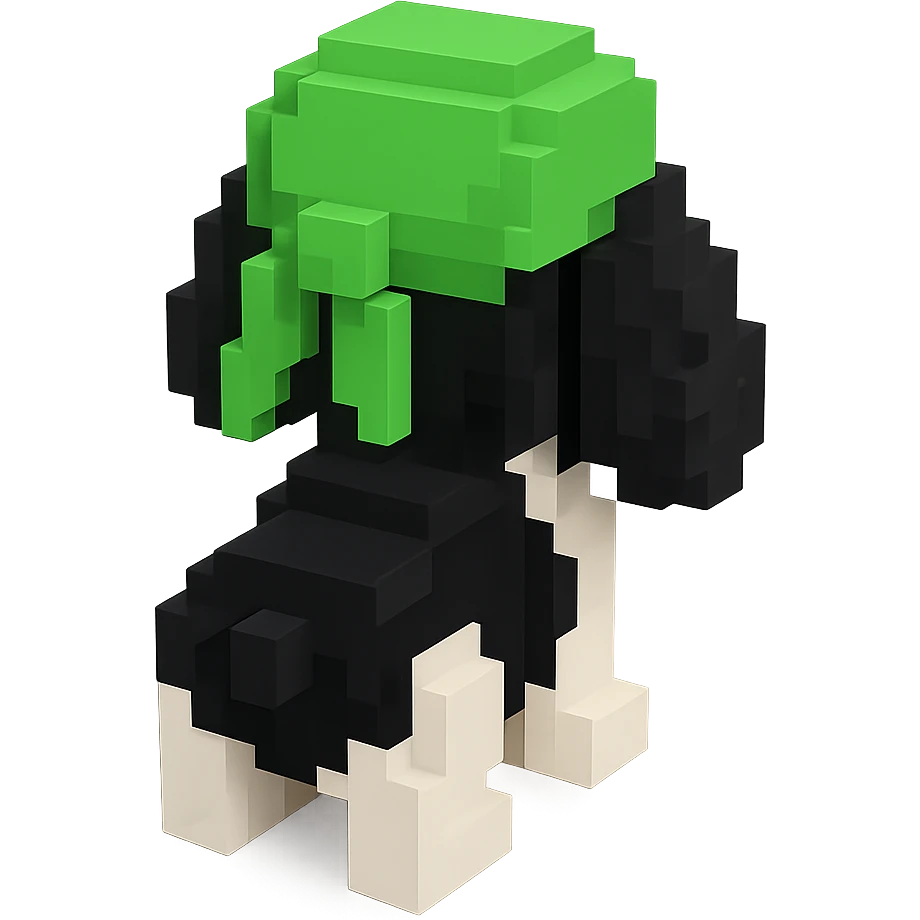 A black and white Russian Cocker Spaniel puppy wearing a green durag, voxel style, facing backward emoji