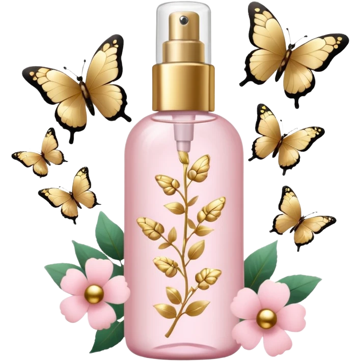 Light pink body mist bottle with gold butterflies and flowers   emoji