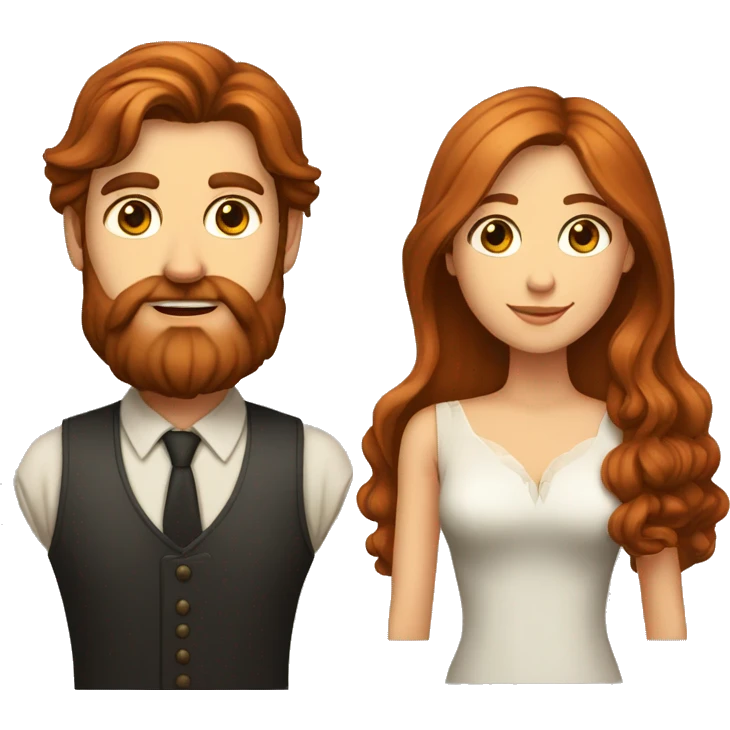 Tall white man with long brown hair and long beard and beard an woman with long reddish hair emoji